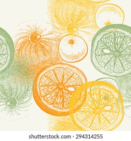 Seamless pattern with hand drawn oranges citrus in vector. Drawing of pen, ink and paper. Fruit and food themes