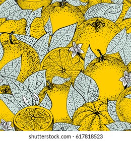 Seamless pattern of hand drawn oranges and slices in sketch style. Vector illustration