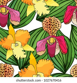 Seamless pattern with hand drawn orchids and floral elements. Colored vector illustration.