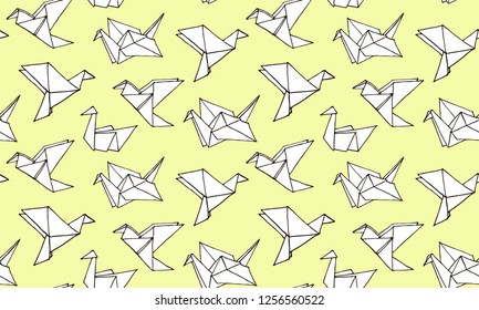 Seamless Pattern with Hand Drawn Origami birds - crane, swan, colibri and dove. Cartoon kids Ornament. Cute doodle vector illustration.