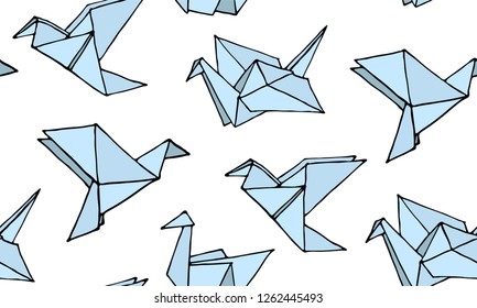 Seamless Pattern with Hand Drawn Origami birds - crane, swan, colibri and dove. Cartoon Ornament. Cute doodle vector illustration.