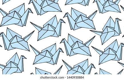 Seamless Pattern with Hand Drawn Origami cranes. Cartoon Ornament with birds. Cute doodle vector illustration.