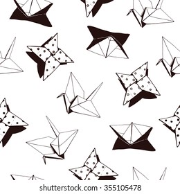Seamless pattern with hand drawn origami elements. Vector illustration. Decorative texture with paper cranes,whirligigs and ships.