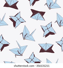 Seamless pattern with hand drawn origami elements. Vector illustration. Decorative texture with paper cranes, ships and whirligigs.