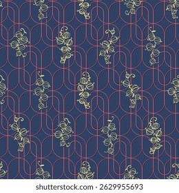 Seamless pattern with hand drawn ornament in style Art Deco with bunches of berries or currants. For wrapping paper, home decor other design projects. 3D Illustration