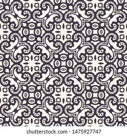 Seamless pattern hand drawn ornamental azulejo mosaic background. Geometric monochrome allover print. Vector intricate line art swatch
