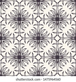 Seamless pattern hand drawn ornamental azulejo mosaic background. Geometric monochrome allover print. Vector floral