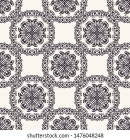 Seamless pattern hand drawn ornamental azulejo mosaic background. Geometric monochrome allover print. Vector floral circle swatch 