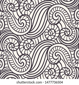 Seamless pattern hand drawn ornamental striped spiral wave background. River ocean water allover print. Vector line art swatch