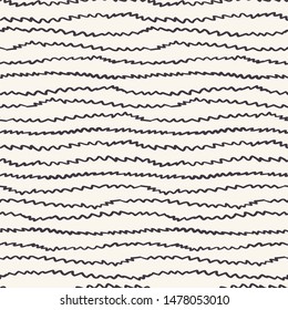 Seamless pattern hand drawn ornamental striped zig zag lines background. Irregular wavy allover print. Vector line art swatch