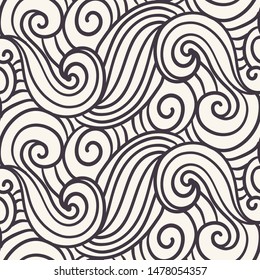 Seamless pattern hand drawn ornamental striped spiral wave background. River ocean water allover print. Vector line art swatch