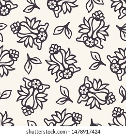 Seamless pattern hand drawn ornamental flower bloom motif background. Stylized allover print. Vector floral leaf line art swatch