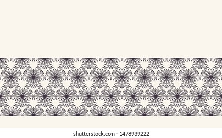 Seamless pattern hand drawn ornamental flower background.Floral monochrome stripe. Vector ribbon edging trim
