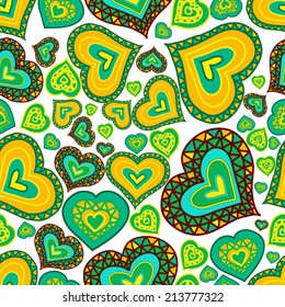 Seamless pattern with hand drawn ornamental hearts, clipping mask is used, vector illustration.  Hearts. Valentine's day.
