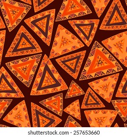 Seamless pattern with hand drawn ornamental triangles with curves.. Haphazard composition. Tribal style. Clipping mask is used, vector illustration. 