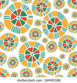 Seamless pattern with hand drawn ornamental circles in white, yellow, red and blue colors. Clipping mask. Vector illustration. Asymmetrical 