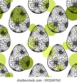 Seamless pattern with hand drawn ornamental eggs and colorful scattered confetti. Design for banner, poster, apparel design. Vector illustration, black, green, white colors.