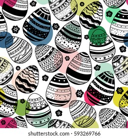 Seamless pattern with hand drawn ornamental eggs and colorful scattered confetti. Design for banner, poster, apparel design. Vector illustration, black, pink, yellow, blue, green white colors.