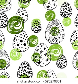 Seamless pattern with hand drawn ornamental eggs and colorful scattered confetti. Design for banner, poster, apparel design. Vector illustration, black, green, white colors.