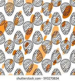 Seamless pattern with hand drawn ornamental eggs and colorful scattered confetti. Design for banner, poster, apparel design. Vector illustration, black, orange, white colors.