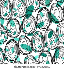 Seamless pattern with hand drawn ornamental eggs and colorful scattered confetti. Design for banner, poster, apparel design. Vector illustration, black, green, white colors.