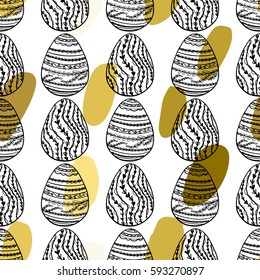 Seamless pattern with hand drawn ornamental eggs and colorful scattered confetti. Design for banner, poster, apparel design. Vector illustration, black, golden, white colors.