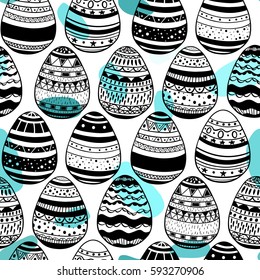 Seamless pattern with hand drawn ornamental eggs and colorful scattered confetti. Design for banner, poster, apparel design. Vector illustration, black, blue, white colors.