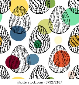Seamless pattern with hand drawn ornamental eggs and colorful scattered confetti. Design for banner, poster, apparel design. Vector illustration, black, pink, yellow, blue, green white colors.