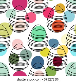 Seamless pattern with hand drawn ornamental eggs and colorful scattered confetti. Design for banner, poster, apparel design. Vector illustration, black, pink, yellow, blue, green white colors.