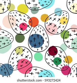 Seamless pattern with hand drawn ornamental eggs and colorful scattered confetti. Design for banner, poster, apparel design. Vector illustration, black, pink, yellow, blue, green white colors.