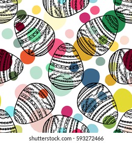 Seamless pattern with hand drawn ornamental eggs and colorful scattered confetti. Design for banner, poster, apparel design. Vector illustration, black, pink, yellow, blue, green white colors.