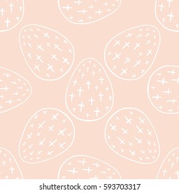 Seamless pattern with hand drawn ornamental eggs. Design for banner, poster, apparel design. Vector illustration, pink and white colors.