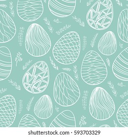 Seamless pattern with hand drawn ornamental eggs. Design for banner, poster, apparel design. Vector illustration, green and white colors.