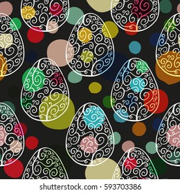 Seamless pattern with hand drawn ornamental eggs and colorful scattered confetti. Design for banner, poster, apparel design. Vector illustration, black, pink, yellow, blue, green white colors.
