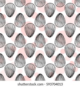 Seamless pattern with hand drawn ornamental eggs and colorful scattered confetti. Design for banner, poster, apparel design. Vector illustration, black, pink, white colors.