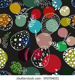 Seamless pattern with hand drawn ornamental eggs and colorful scattered confetti. Design for banner, poster, apparel design. Vector illustration, black, pink, yellow, blue, green white colors.