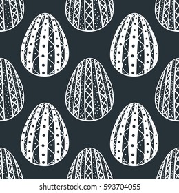Seamless pattern with hand drawn ornamental eggs and colorful scattered confetti. Design for banner, poster, apparel design. Vector illustration, black and white colors.