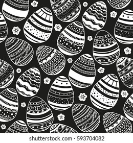 Seamless pattern with hand drawn ornamental eggs and colorful scattered confetti. Design for banner, poster, apparel design. Vector illustration, black and white colors.