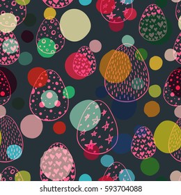 Seamless pattern with hand drawn ornamental eggs and colorful scattered confetti. Design for banner, poster, apparel design. Vector illustration, black, pink, yellow, blue, green white colors.