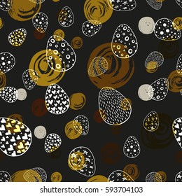 Seamless pattern with hand drawn ornamental eggs and colorful scattered confetti. Design for banner, poster, apparel design. Vector illustration, black, golden, white colors.
