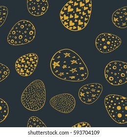 Seamless pattern with hand drawn ornamental eggs. Design for banner, poster, apparel design. Vector illustration, black, golden colors.