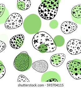 Seamless pattern with hand drawn ornamental eggs and colorful scattered confetti. Design for banner, poster, apparel design. Vector illustration, black, green, white colors.