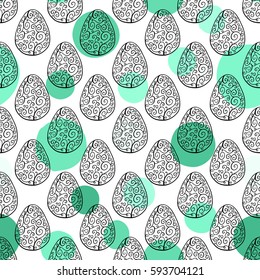 Seamless pattern with hand drawn ornamental eggs and colorful scattered confetti. Design for banner, poster, apparel design. Vector illustration, black, green, white colors.