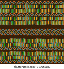 Seamless pattern with hand drawn ornaments in ethnic, tribal style on dark background. Vector illustration