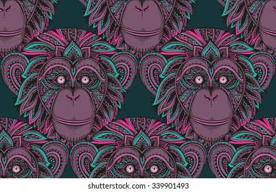 Seamless pattern with hand drawn  ornate zentagle chimpanzee monkey. Ethnic graphic style. New Year background