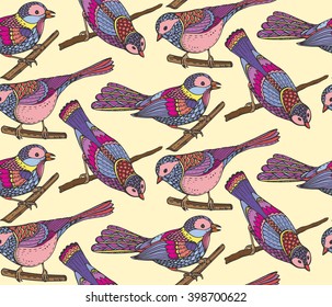 Seamless pattern with hand drawn ornate birds. Black and white vector background.