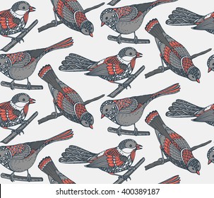 Seamless pattern with hand drawn ornate birds. Black and white vector background