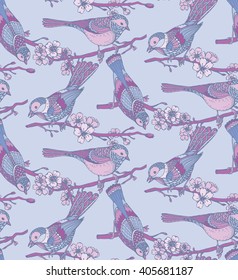 Seamless pattern with  hand drawn ornate birds on sakura branches and flowers. Colorful vector background.