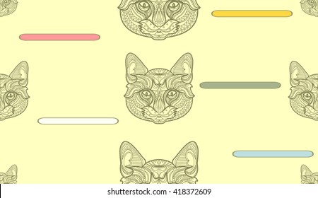 Seamless pattern with hand drawn ornate doodle graphic monochrome cat faces.