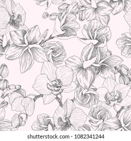  Patrón sin problemas. Ramo trenzado a mano con orquídea y plumeria. Ilustración vectorial muy detallada. Hermosa flor exótica. Cymbidium para su logotipo, composición, diseño.